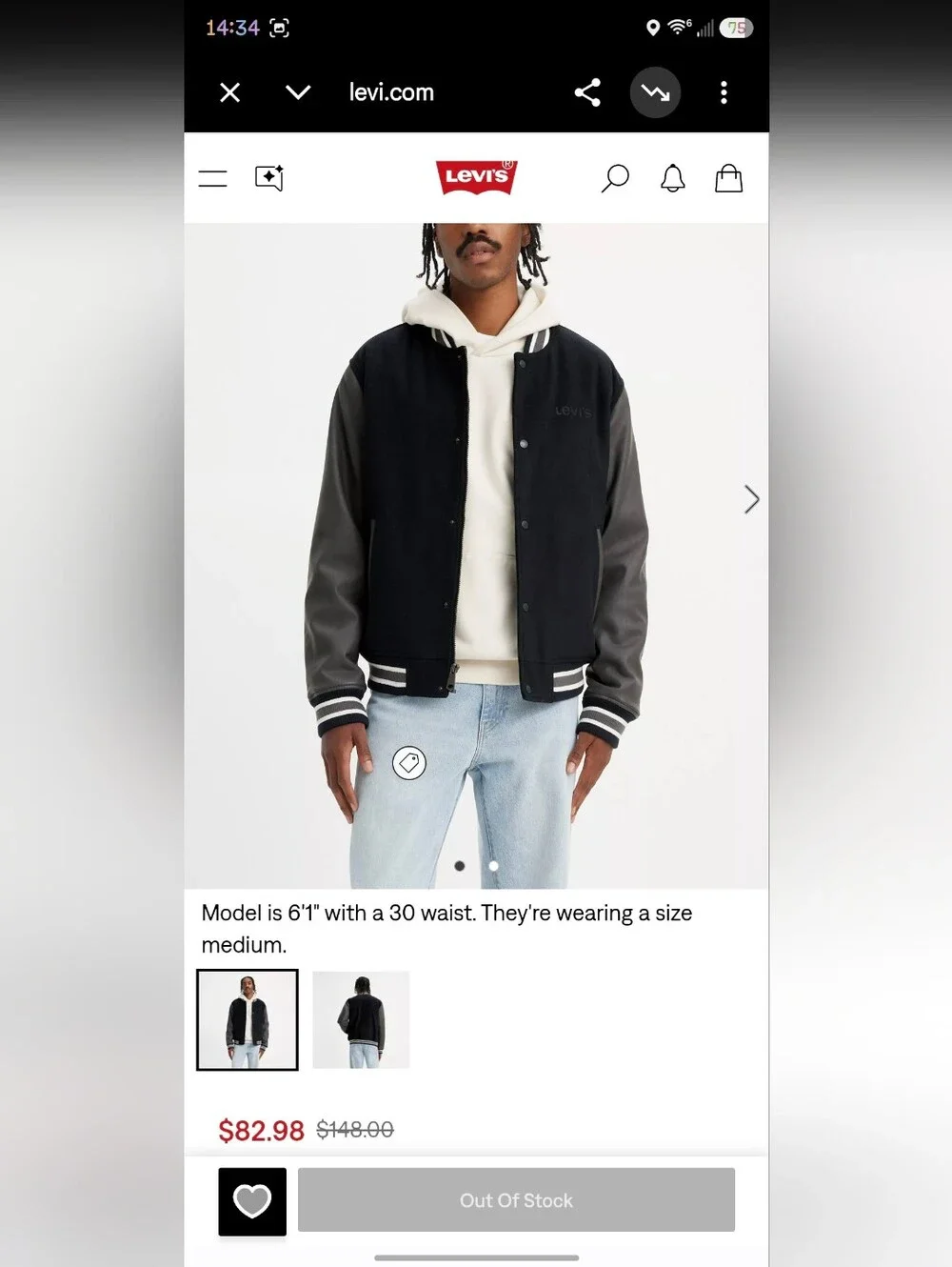 Levi's Men's Black Varsity Jacket with Leather Sleeves - Small